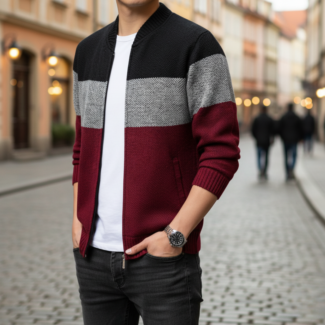 Men's striped zip-up cardigan black blue red ribbed cuffs casual relaxed fit autumn spring layering