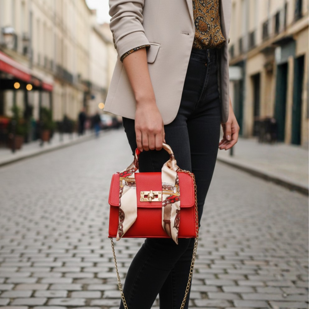 Beige faux leather tote bag with golden chain handle and colorful scarf accent for women