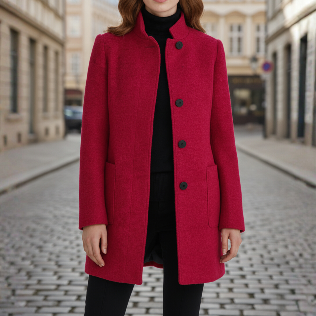 Women's polyester winter coat with black buttons, side pockets, versatile silhouette for casual or formal wear