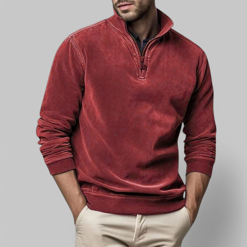 Men's grey half-zip stand collar jumper casual layering sweater with relaxed silhouette