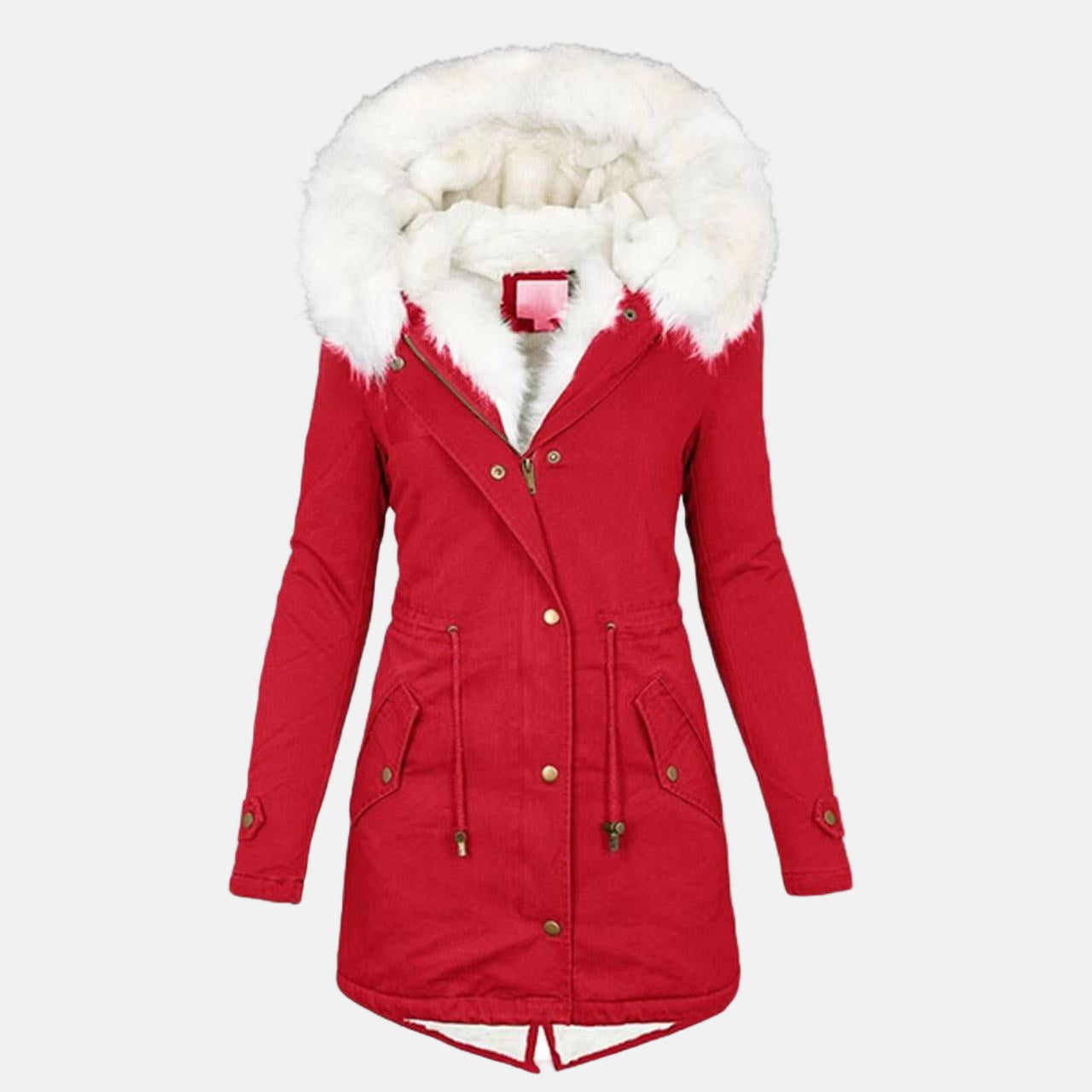 Women's mid-length hooded parka fleece-lined water-resistant coat with plush faux fur-trimmed hood
