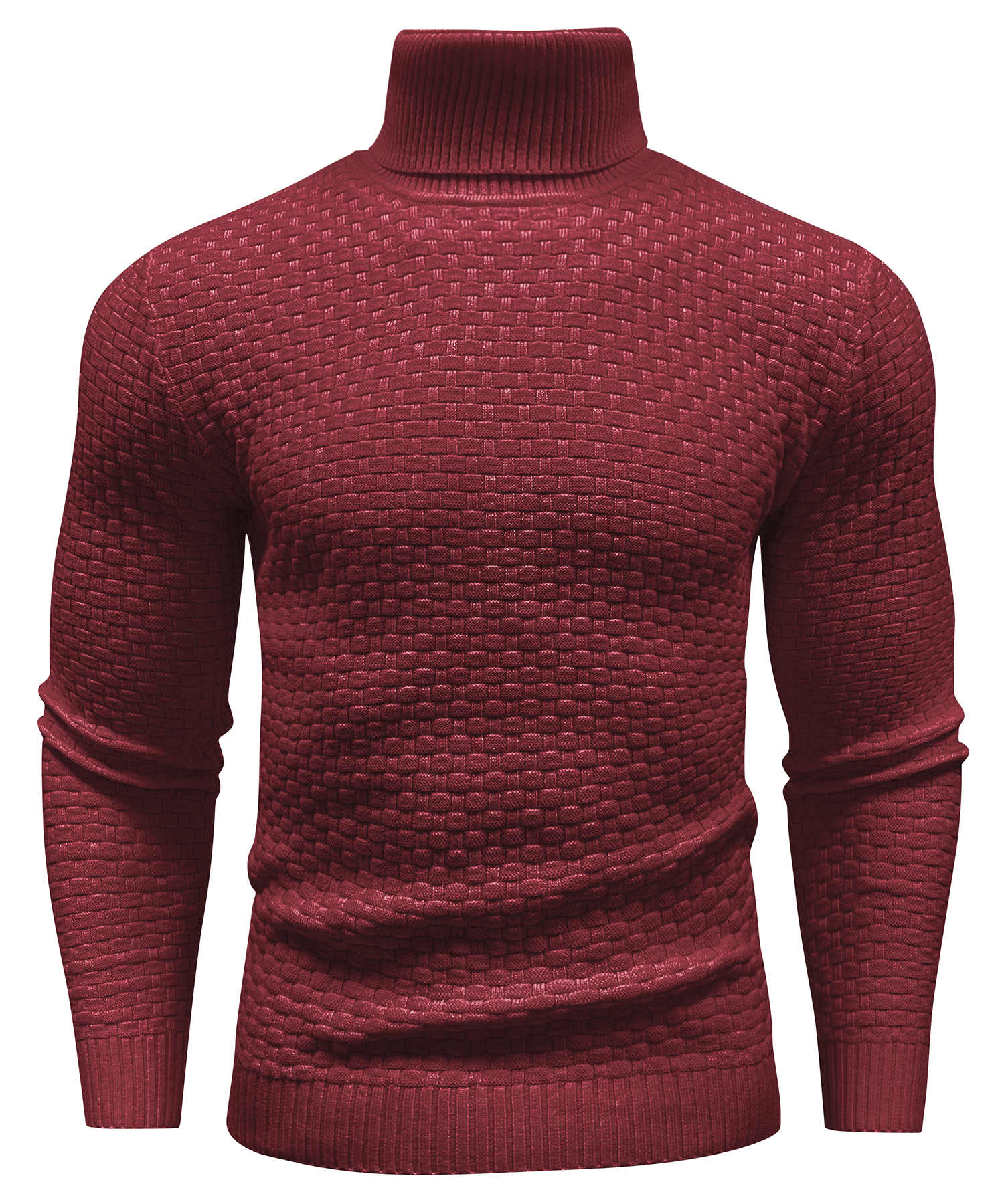 Men's slim fit turtleneck sweater with geometric knit pattern and ribbed finish in sophisticated casual style