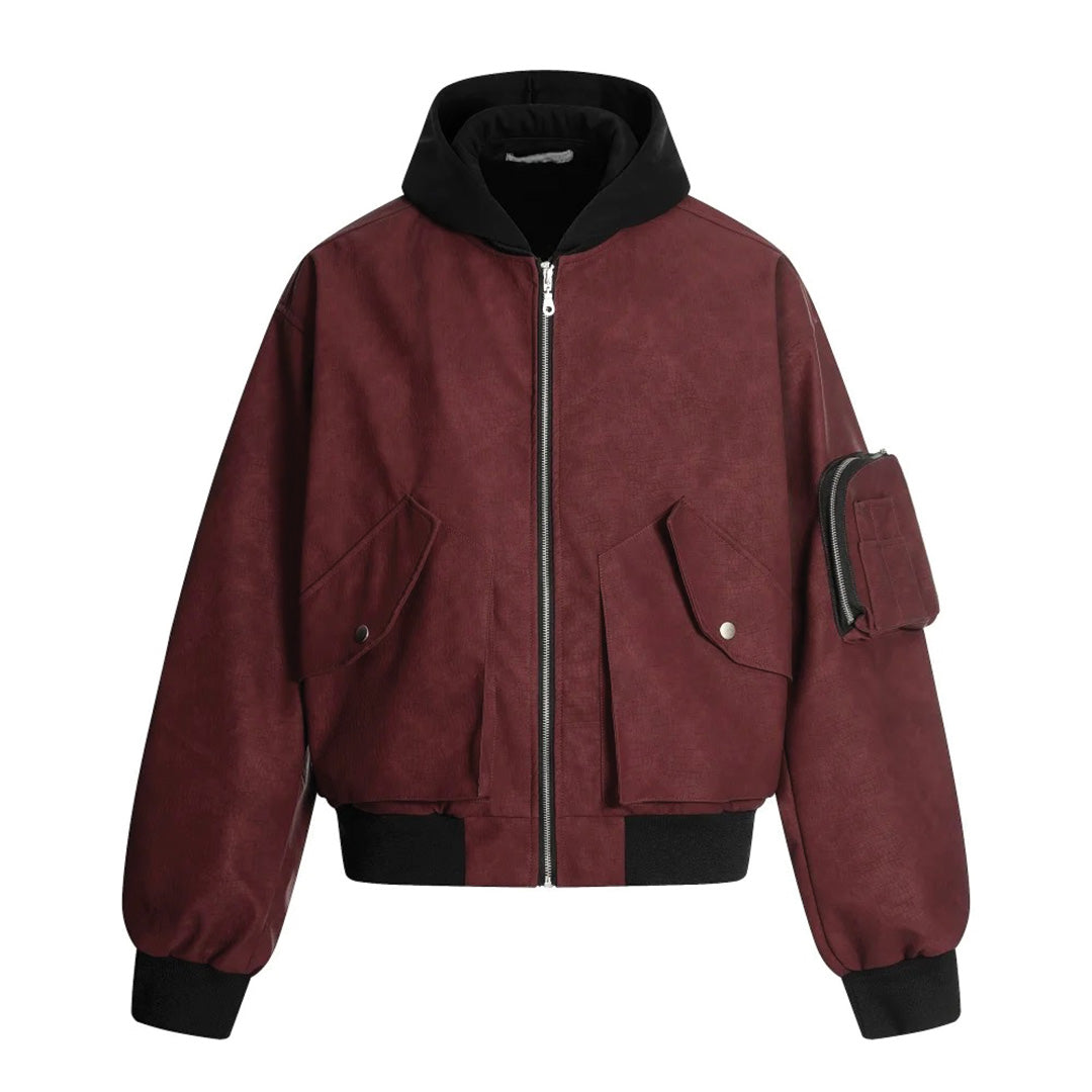 Black cotton structured urban jacket regular fit oversized flap pockets contrast hood streetwear