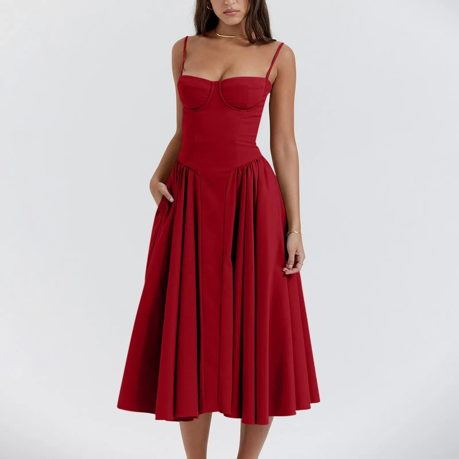 Elegant vintage corset cocktail midi dress with pleated bustier bodice and full gathered skirt