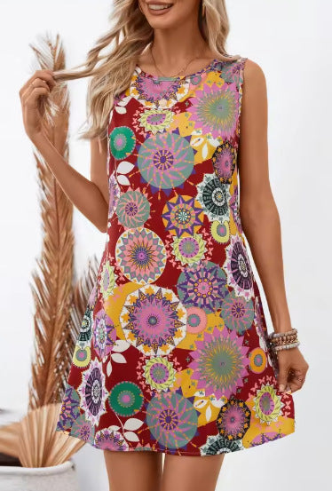 Women's relaxed fit sleeveless floral print vest dress dark base bold blooms casual summer