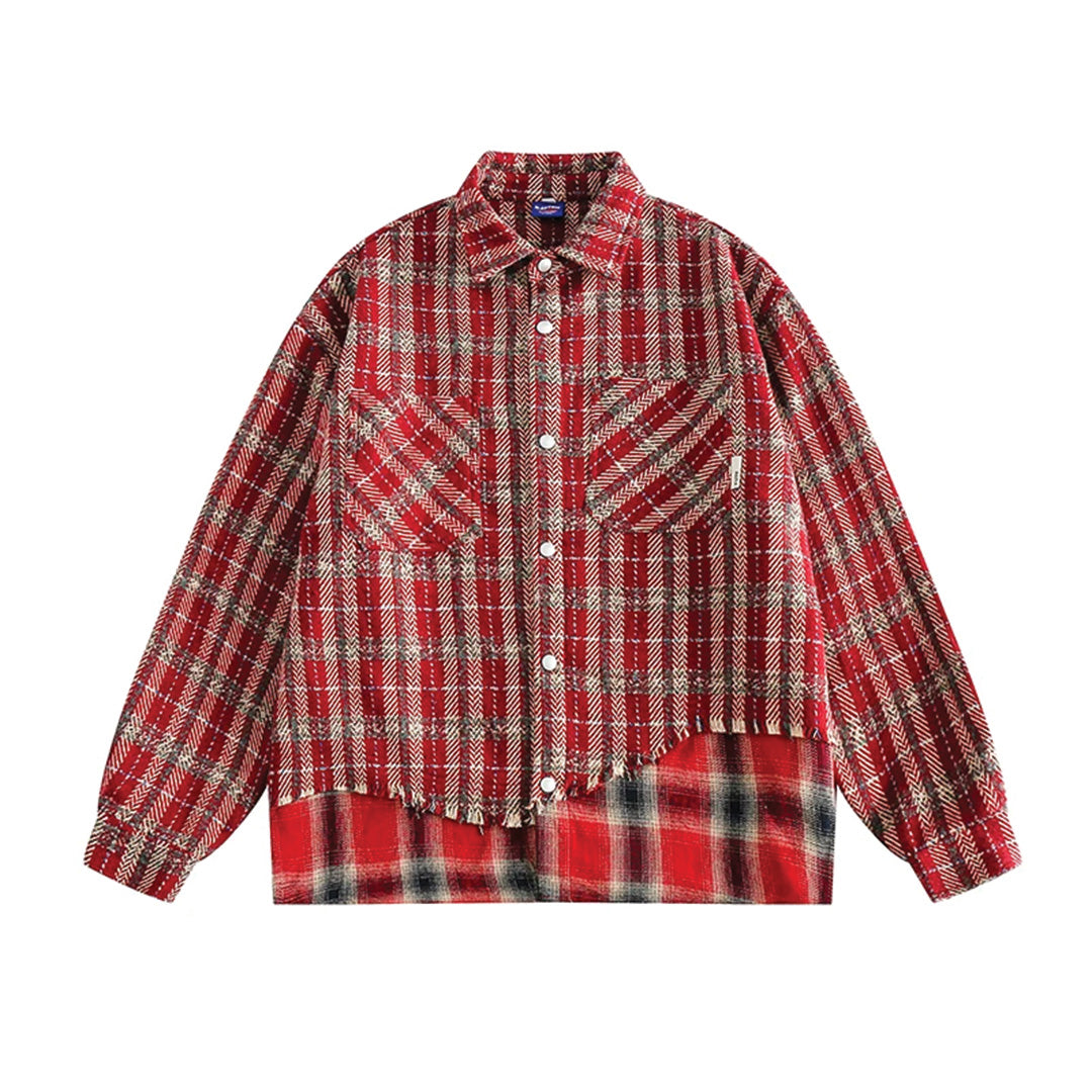 Unisex relaxed plaid shirt with distressed raw-cut hem and chest pockets for casual wear