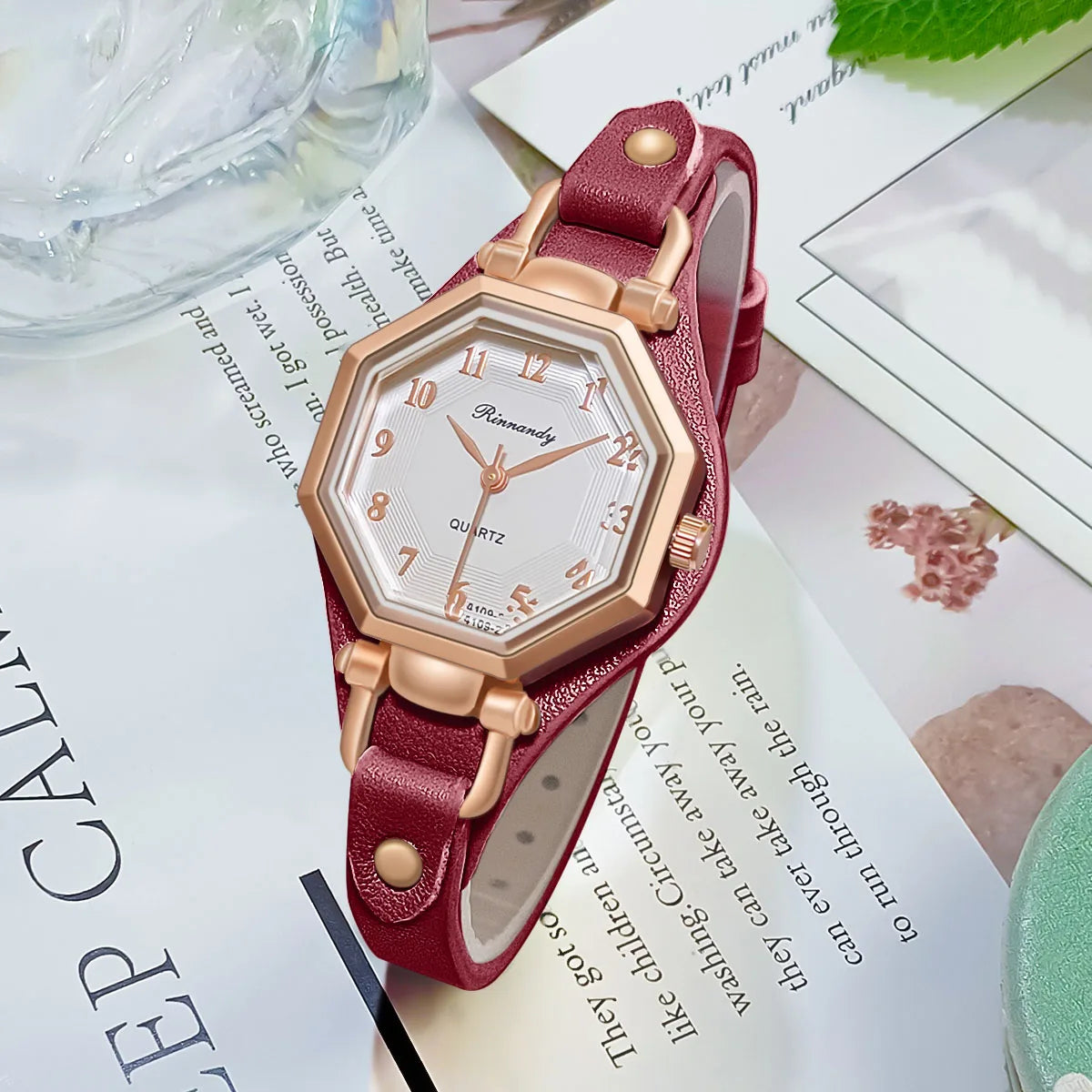 Bellezza Montre rose gold hexagon case women's quartz watch with leather strap