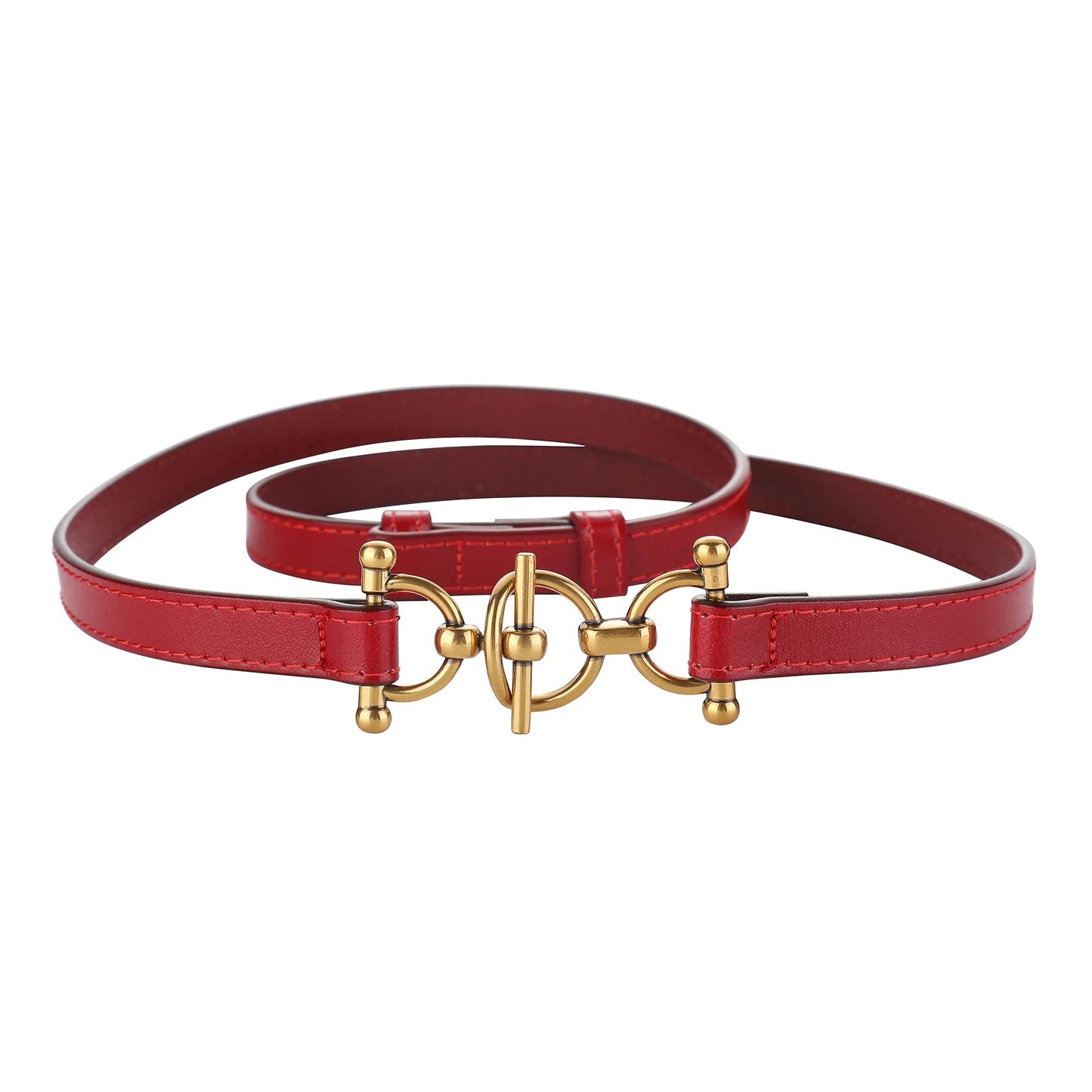 Women's slim genuine leather waist belt in black with distinctive brushed gold toggle buckle