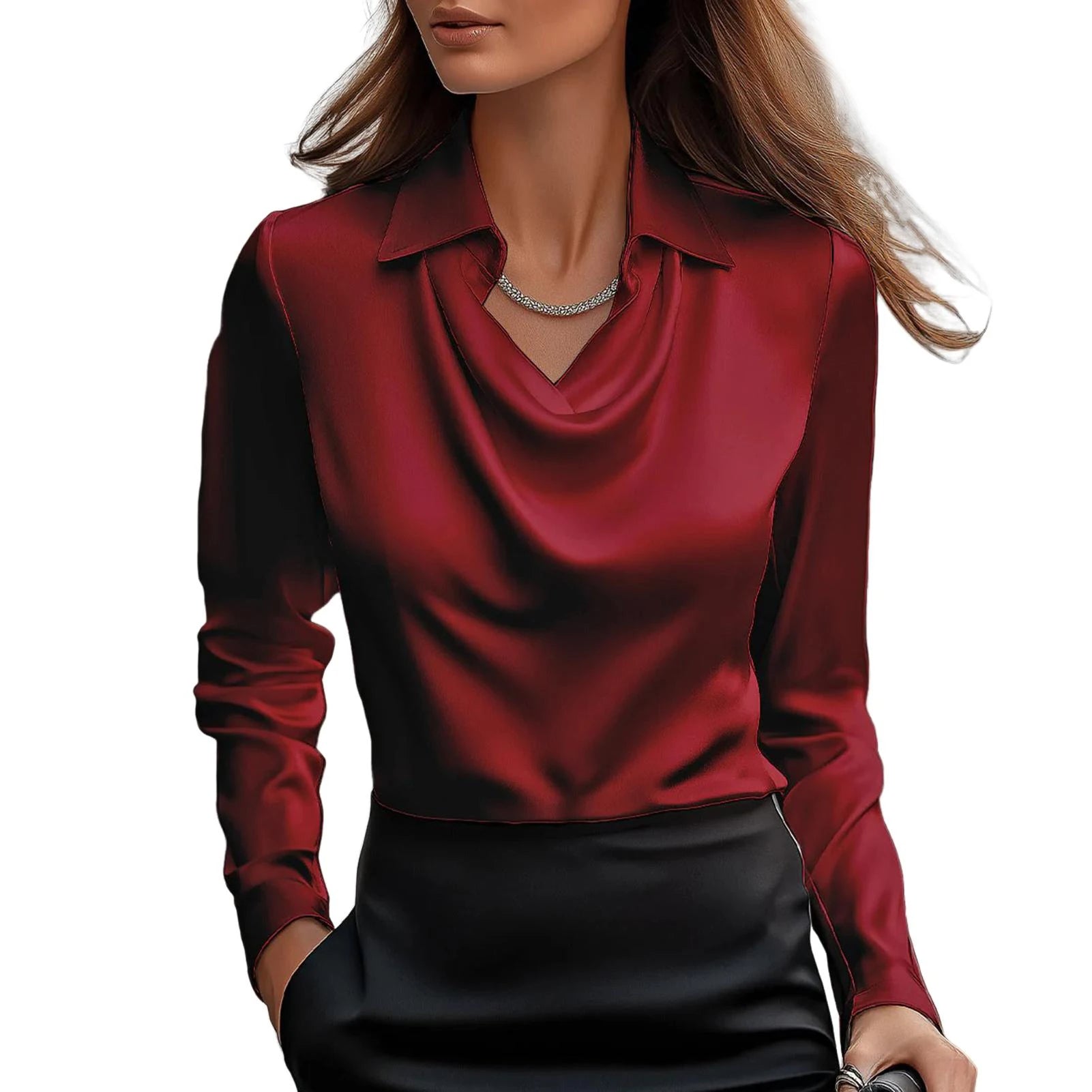 Ivory satin cowl neck blouse silk-cotton blend sculpted drape office-to-evening professional style