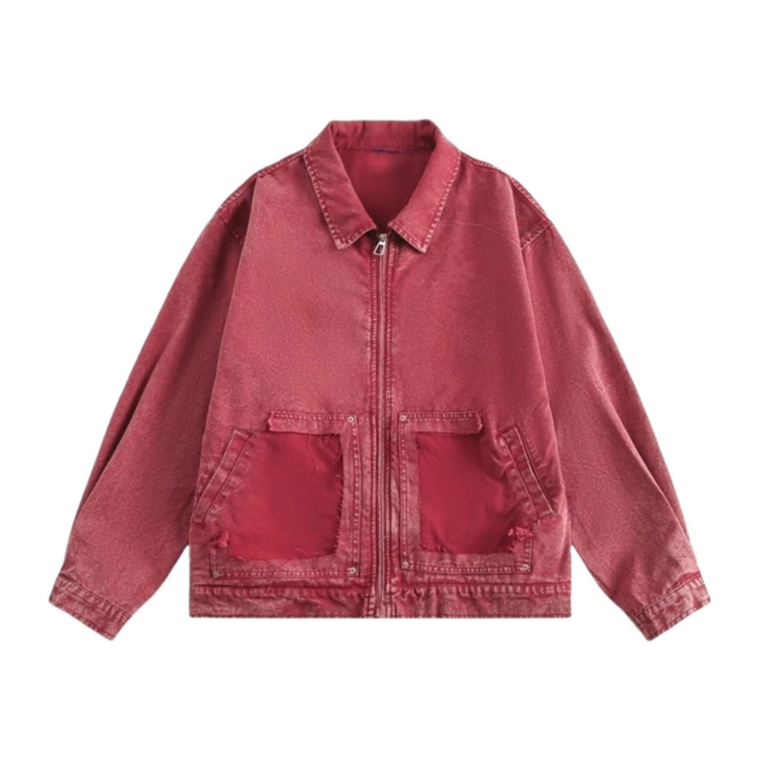 Men's washed cotton cargo jacket relaxed fit zip front with raw-finish dual patch pockets