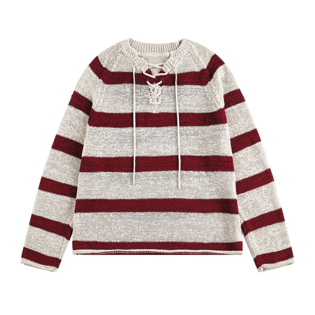 Women's striped cotton knit pullover sweater with relaxed fit and lace-up neckline detail