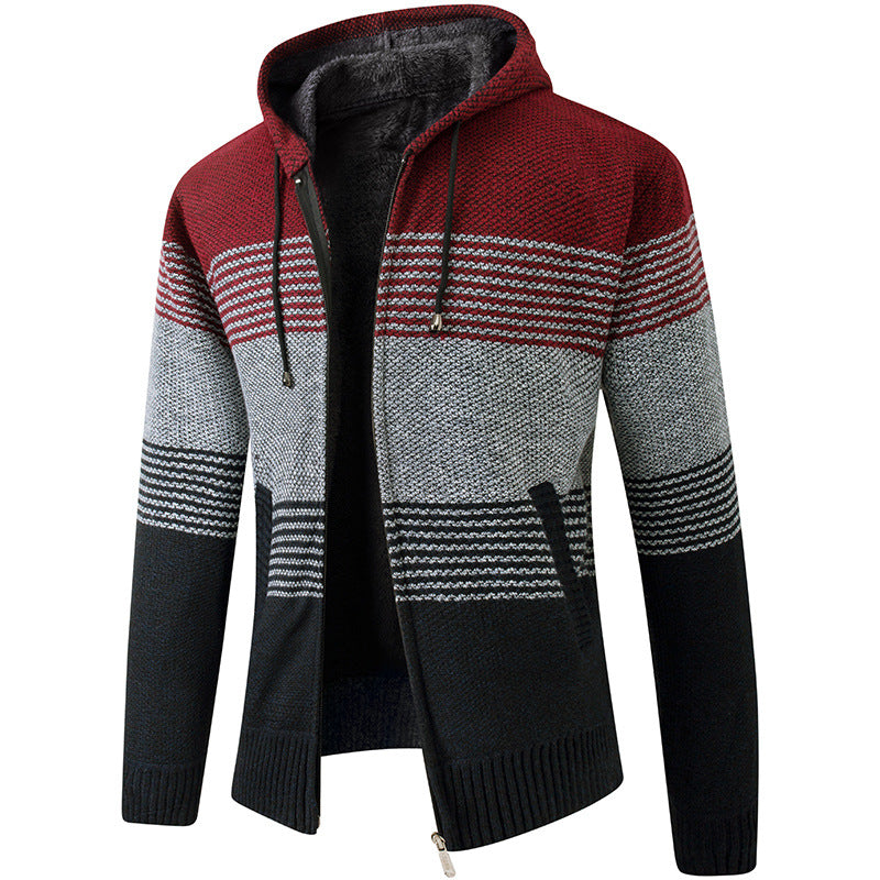 Men's gray striped knitted hoodie zip-up jacket with tonal pattern, cozy casual everyday wear