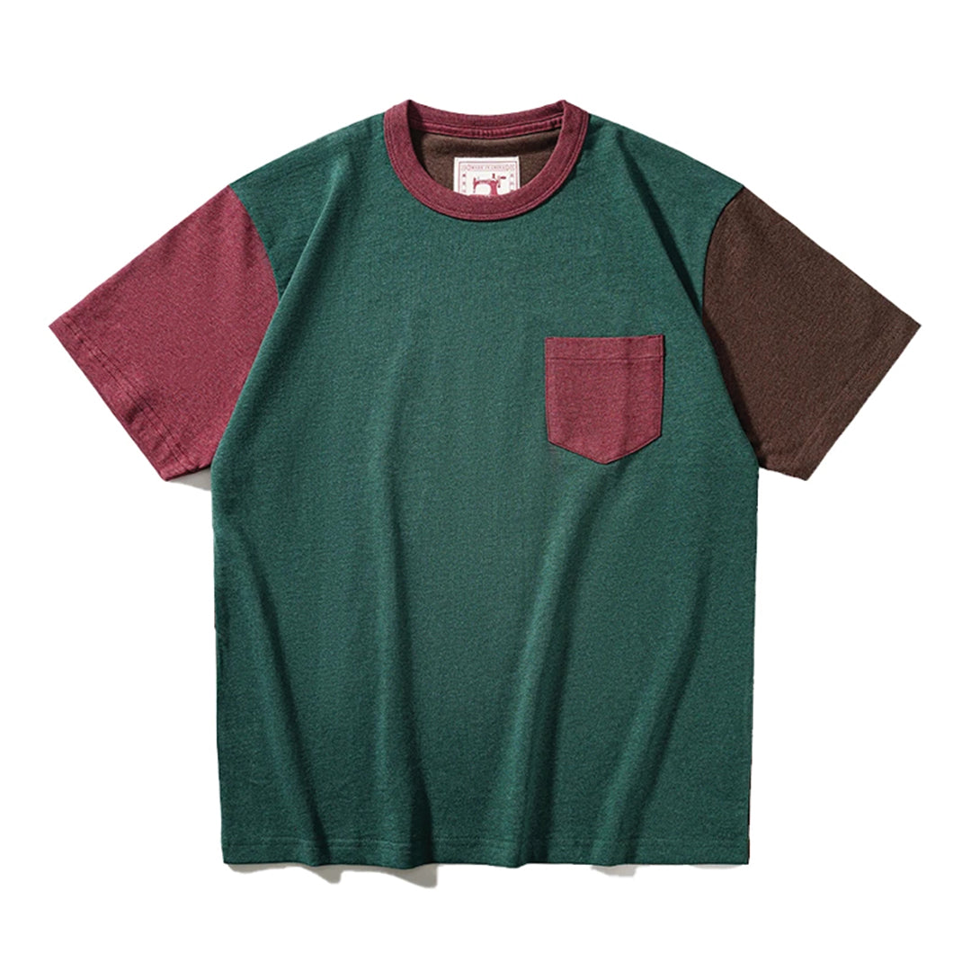 Unisex retro colorblock cotton tee with contrast pocket, bold color signal design, regular fit