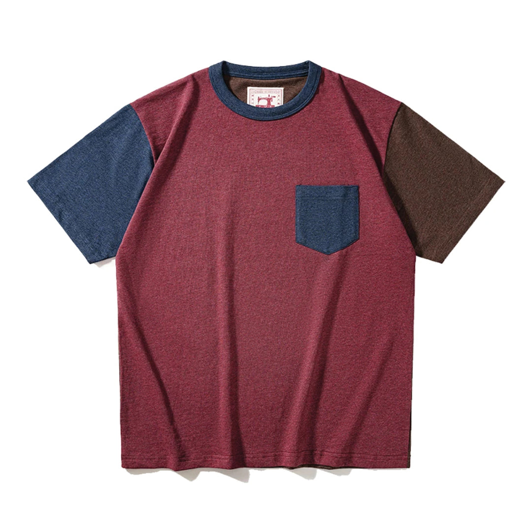 Unisex retro colorblock cotton tee with contrast pocket, bold color signal design, regular fit