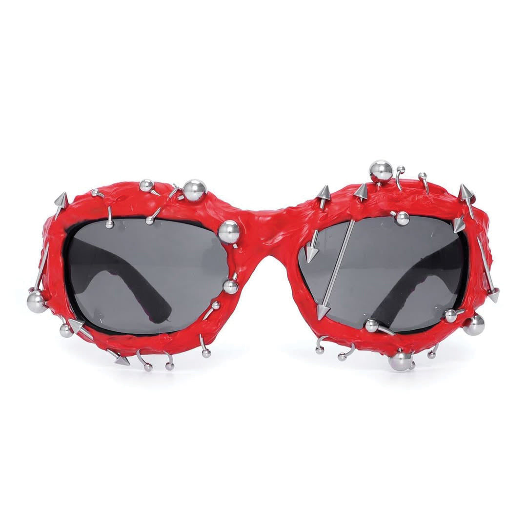 Handcrafted iron pierced sunglasses with metal rivets, bold gothic punk style statement accessory