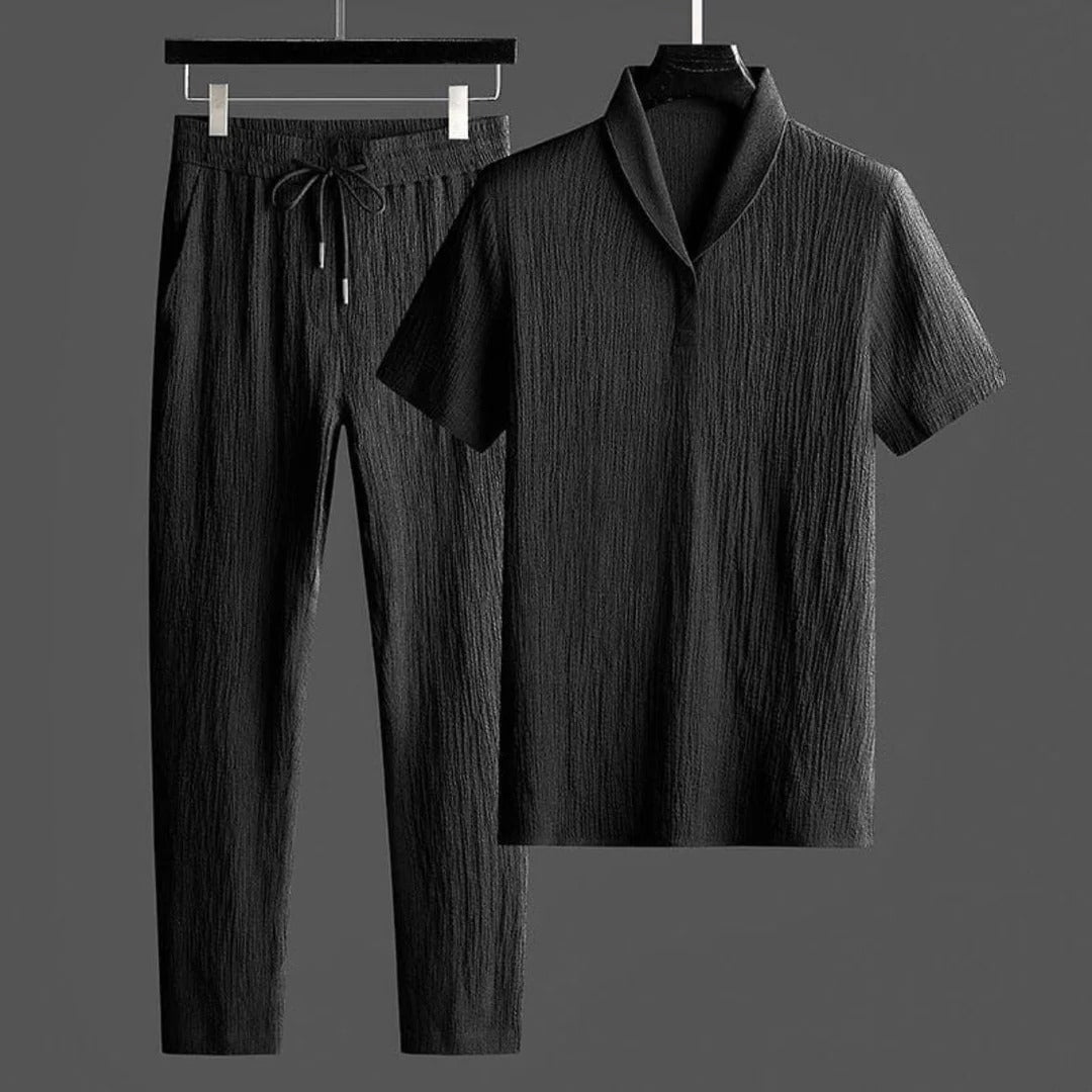 Women's lightweight linen two-piece set in neutral tone, relaxed fit with coordinated top and bottom