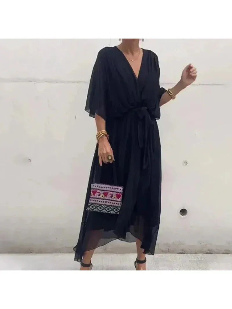 Remi plus size loose fit summer dress in deep V-neck with flowing silhouette for curvy women