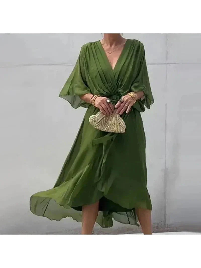 Remi plus size loose-fit summer dress in solid color with deep V-neckline for curvy silhouette