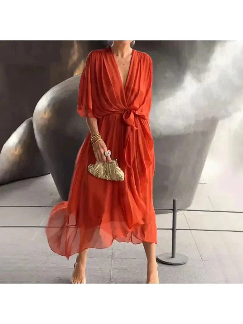Remi plus size loose-fit summer dress in deep V-neck style for curvy flattering silhouette
