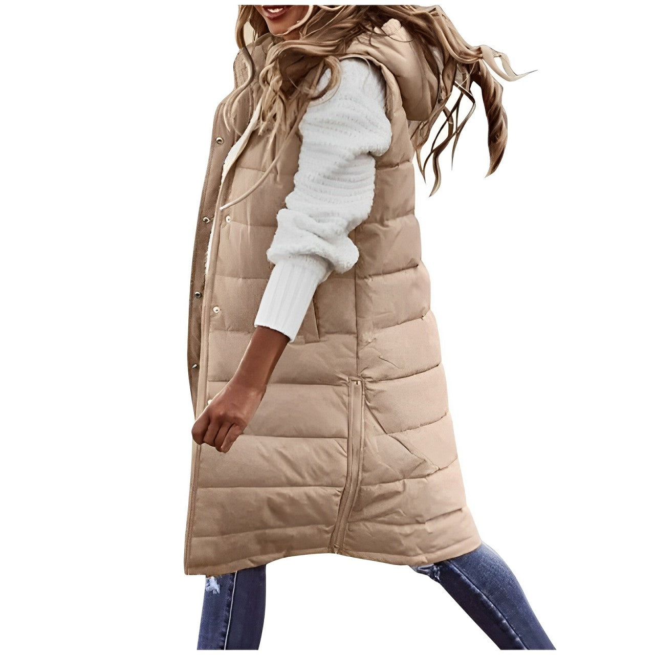 Women's long puffy quilted sleeveless vest neutral tone streamlined silhouette for autumn layering