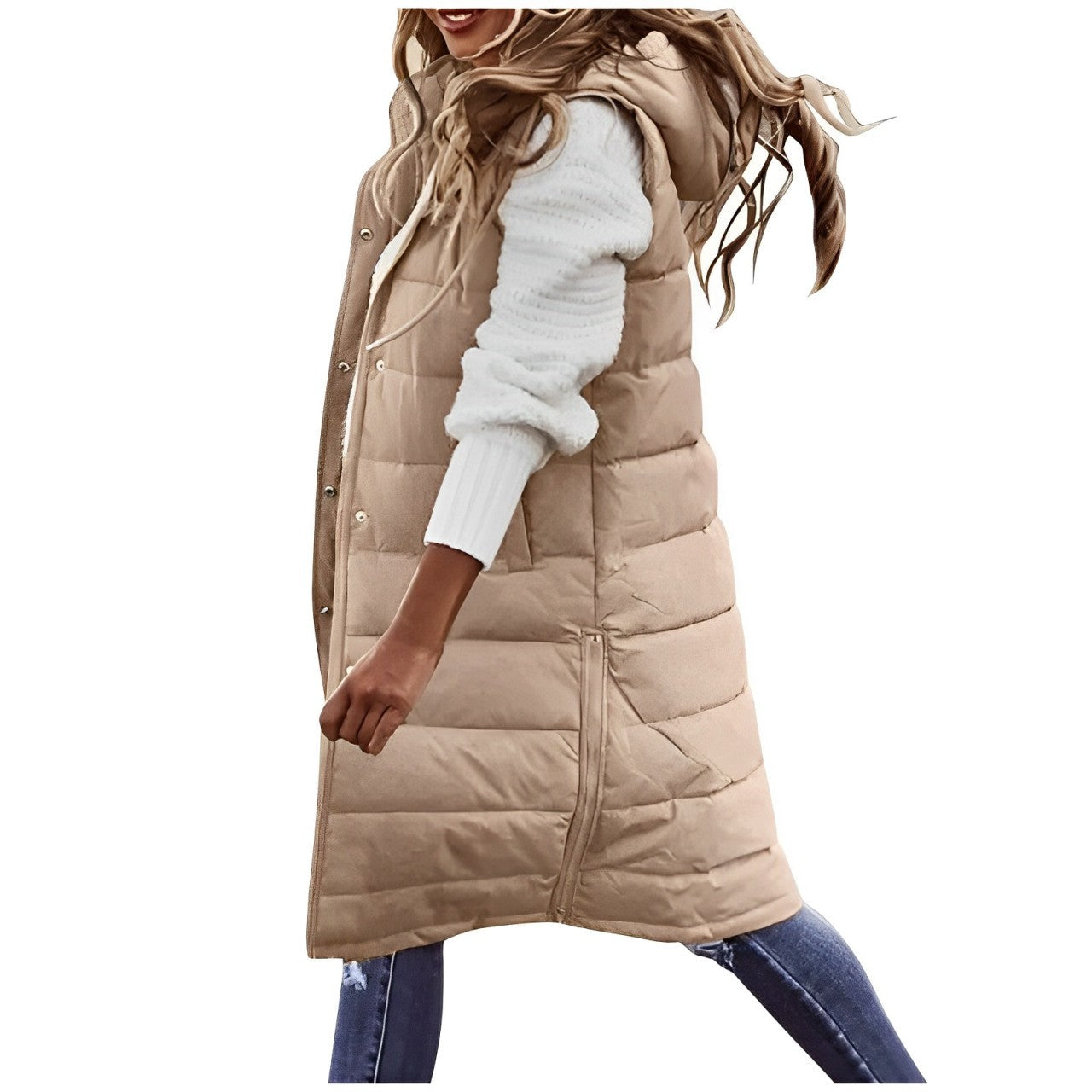 Women's long puffy quilted sleeveless vest neutral tone streamlined silhouette for autumn layering