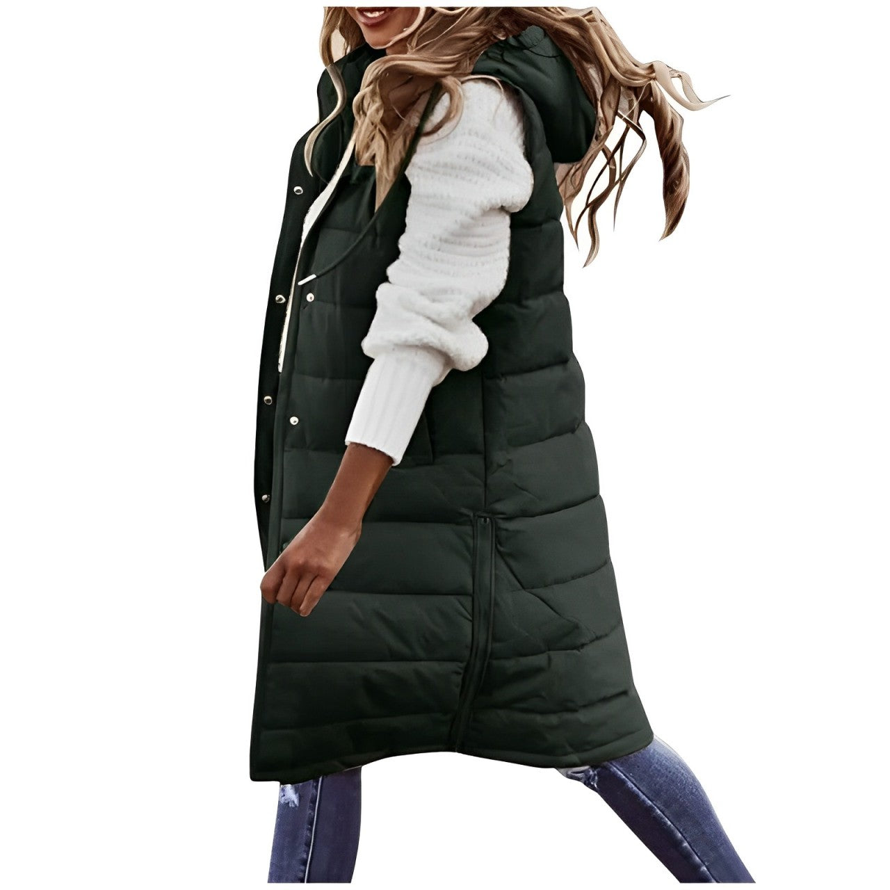 Women's long puffy quilted sleeveless vest neutral tone streamlined silhouette autumn layering piece