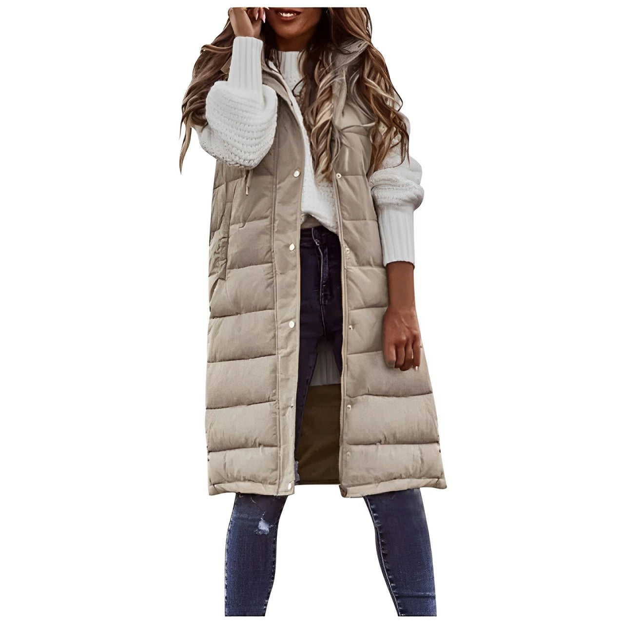 Women's long puffy quilted sleeveless vest neutral tone streamlined silhouette for autumn layering