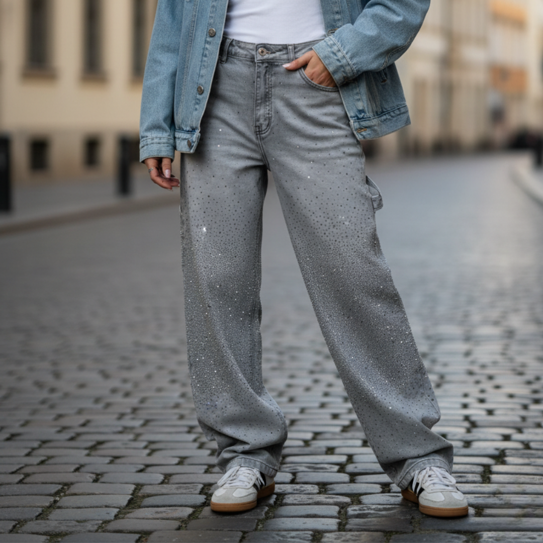 Women's straight-leg blue denim jeans with rhinestone embellishments for everyday urban-casual glam