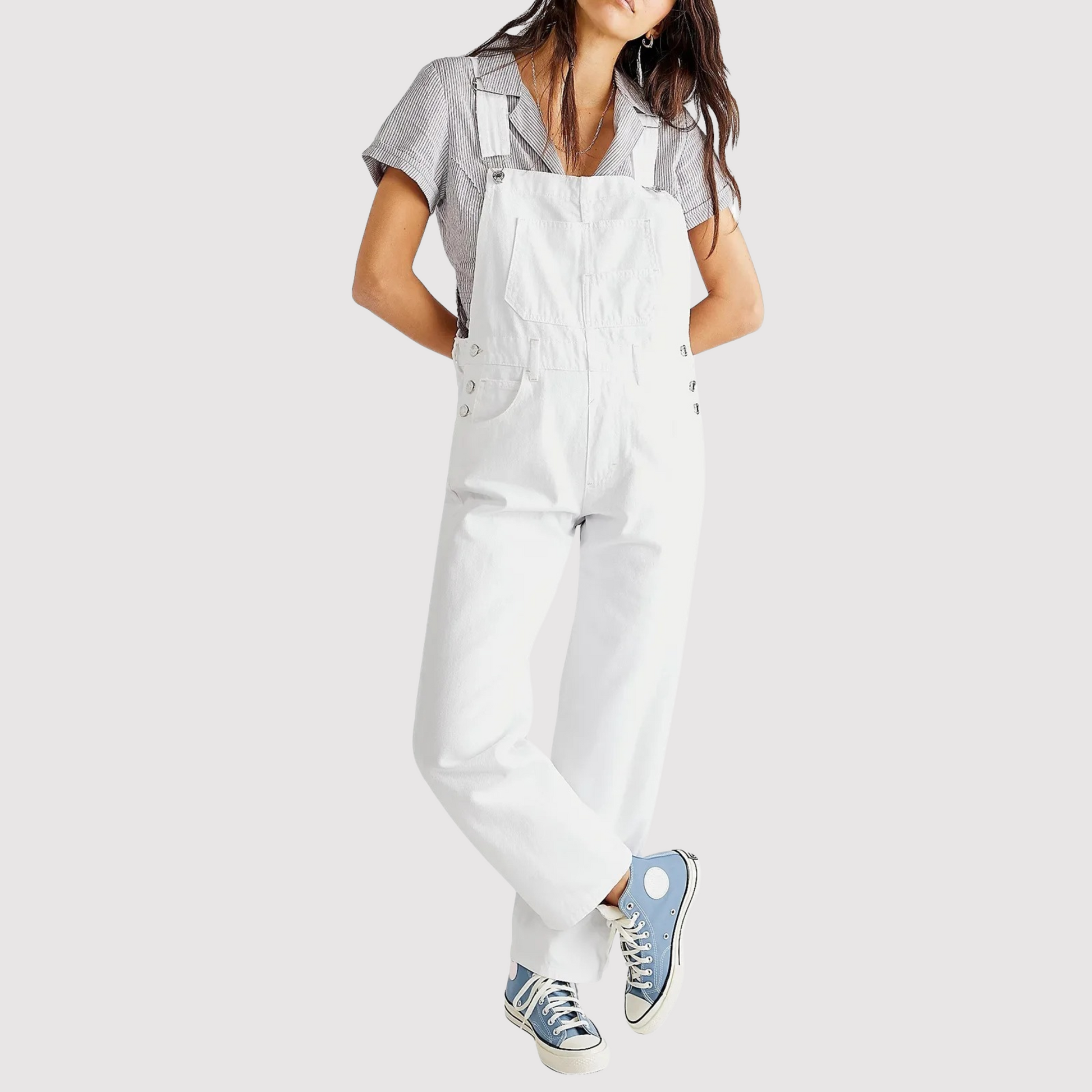 Women's denim jumpsuit relaxed fit deep neckline harem pants oversized patch pockets effortless chic
