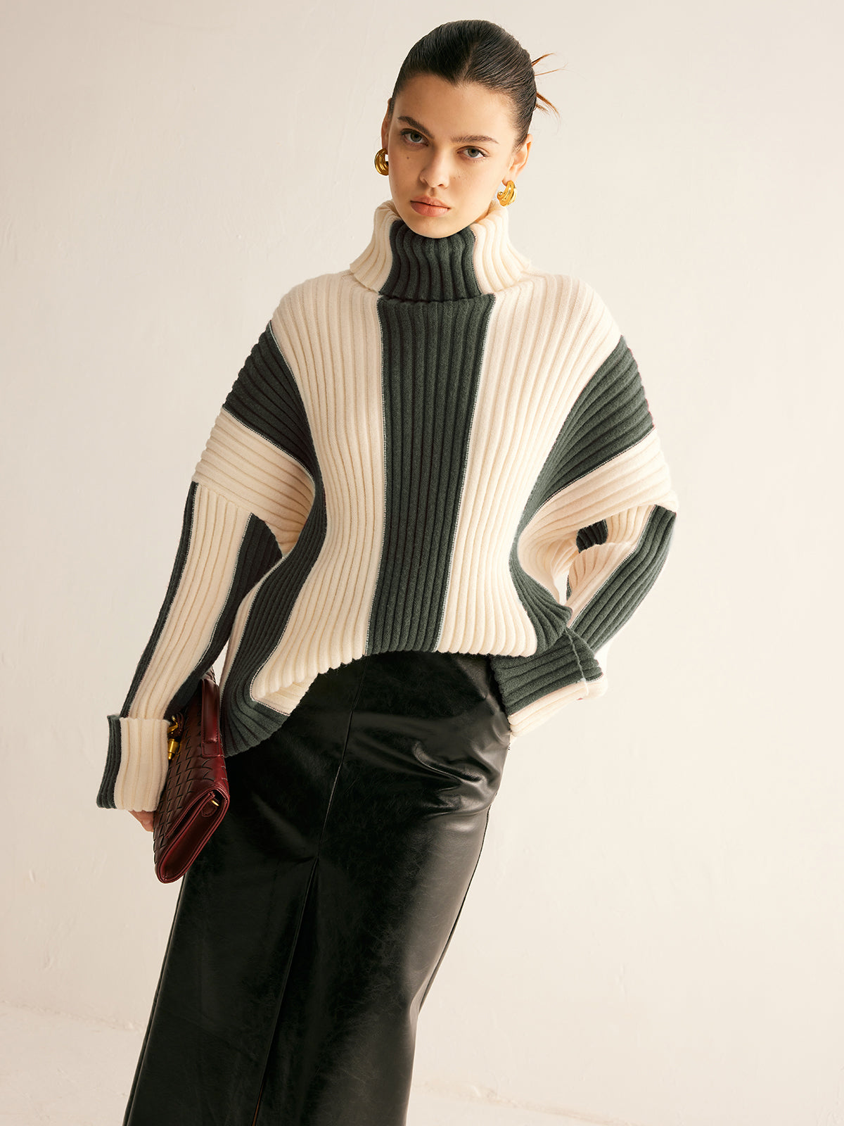 Women's ribbed color block turtleneck sweater warm knit cozy chic everyday style