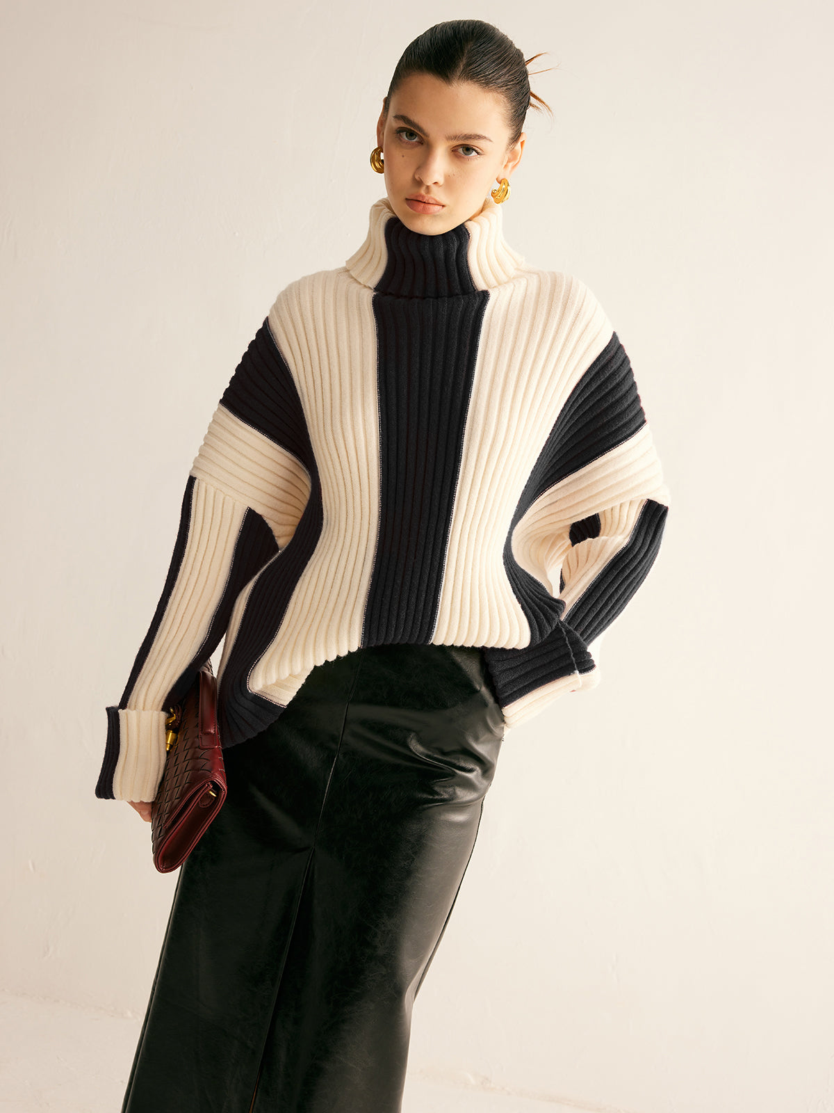 Women's ribbed color block turtleneck sweater warm knit cozy viscose blend everyday style