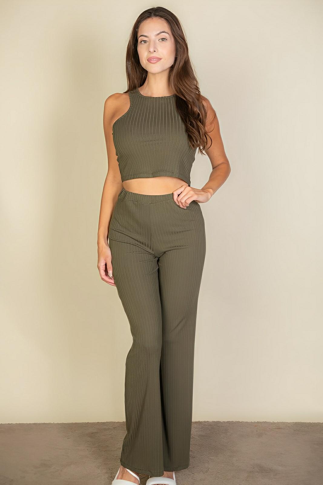 Women's ribbed cropped top bootcut pants set, casual two-piece stretch outfit with elongating silhouette