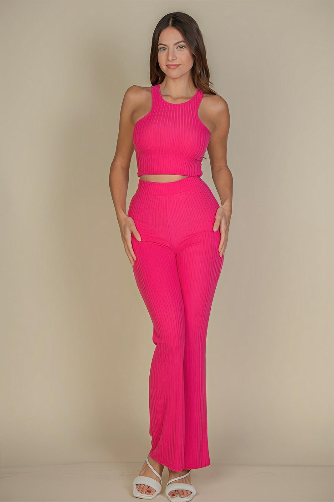 Women's ribbed cropped top bootcut pants set, stretchy two-piece loungewear with elongating silhouette