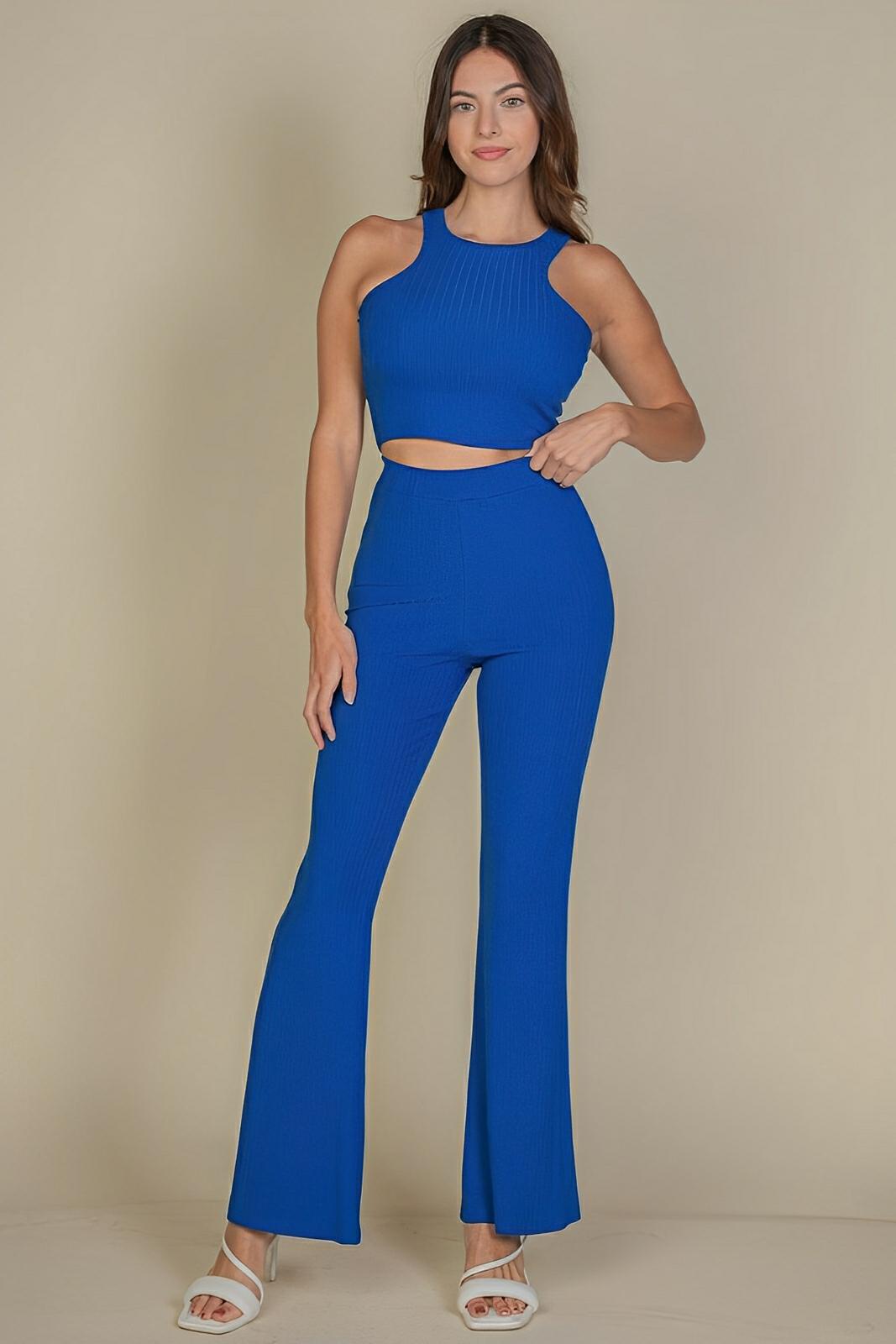 Women's ribbed cropped top bootcut pants set, stretchy two-piece casual outfit in neutral tones