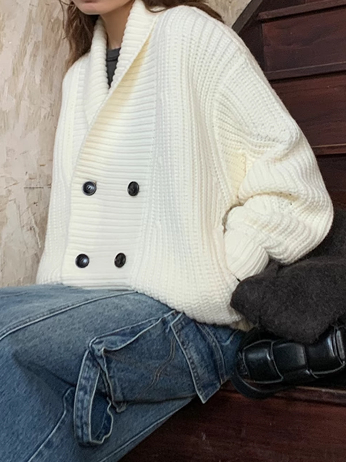 Women's ribbed lapel button knit cardigan coat casual warm high-stretch minimalist outerwear