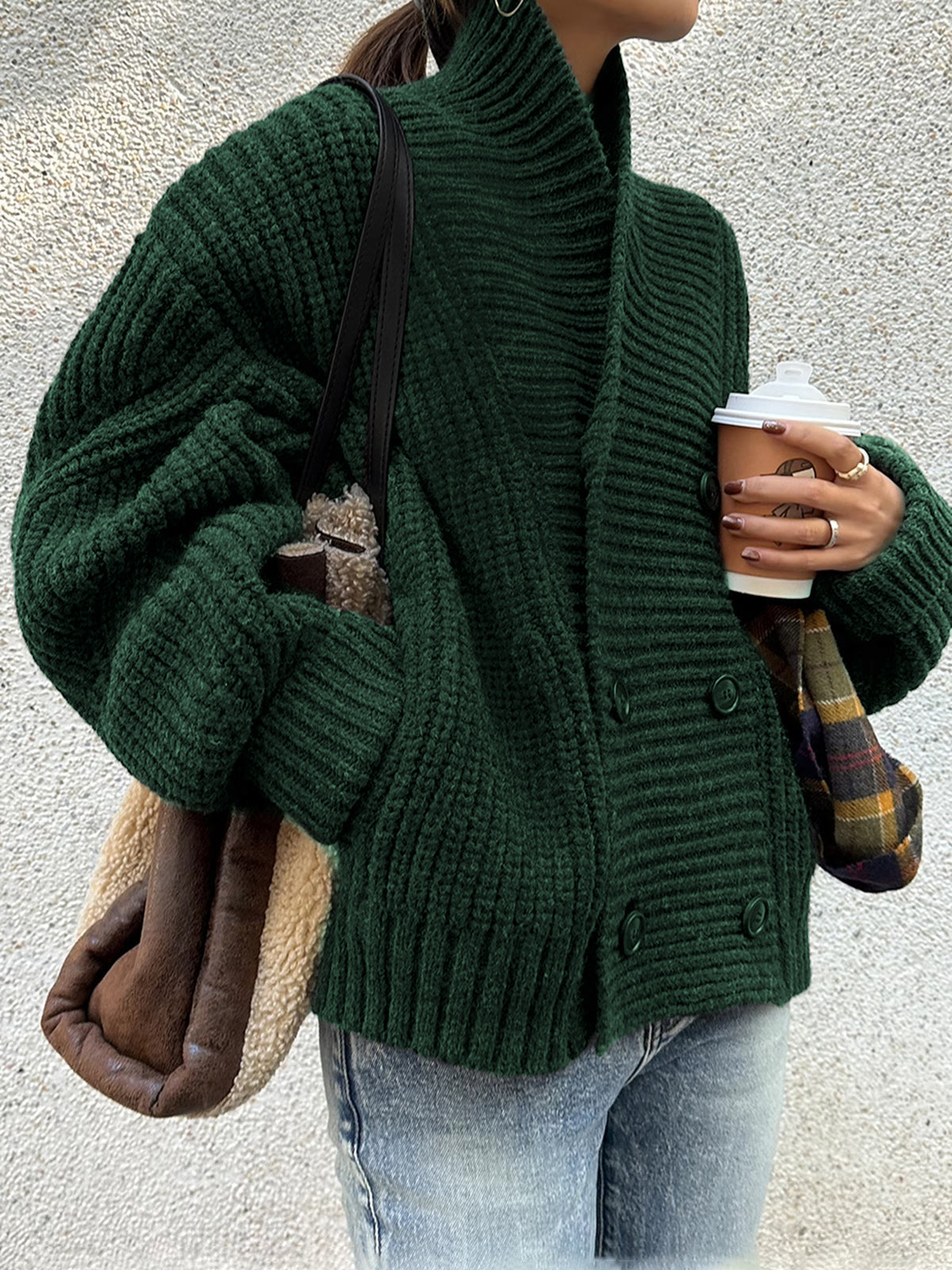 Women's ribbed lapel button knit cardigan cozy casual outerwear with high-stretch warm fabric