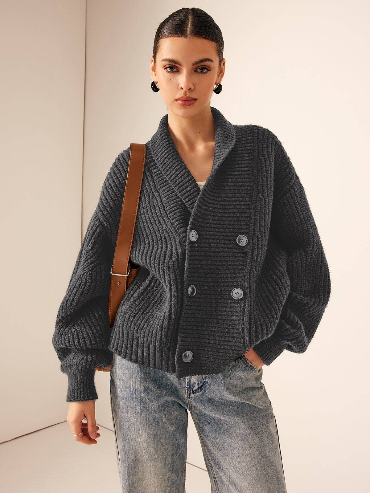 Women's ribbed knit cardigan coat neutral tone lapel buttons casual cozy stretch outerwear