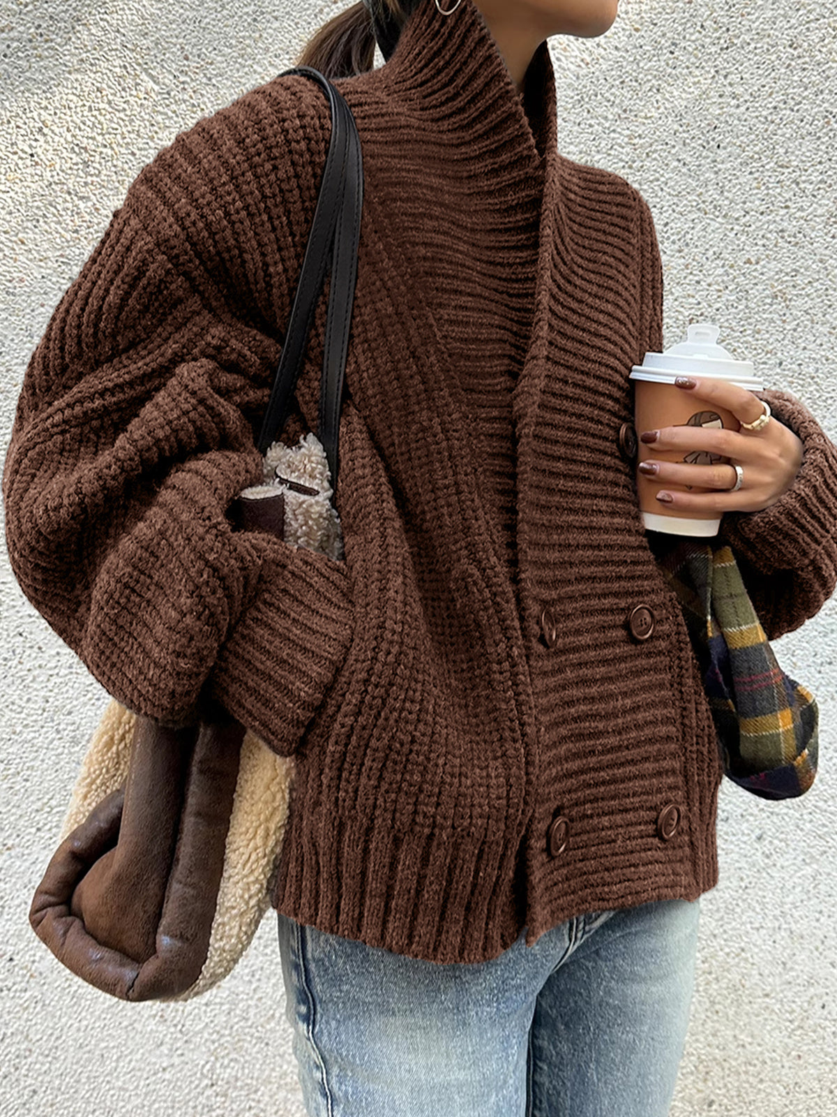 Women's ribbed knit cardigan coat with lapel buttons, casual cozy stretch outerwear