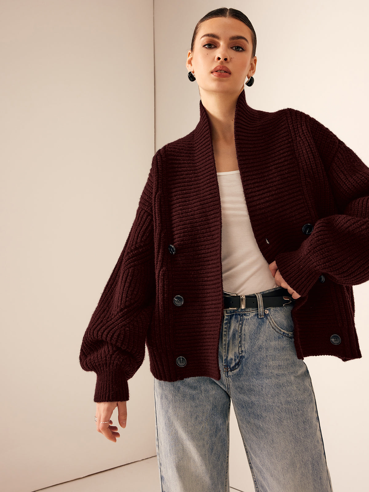 Women's ribbed lapel button knit cardigan coat casual cozy stretch outerwear minimalist silhouette