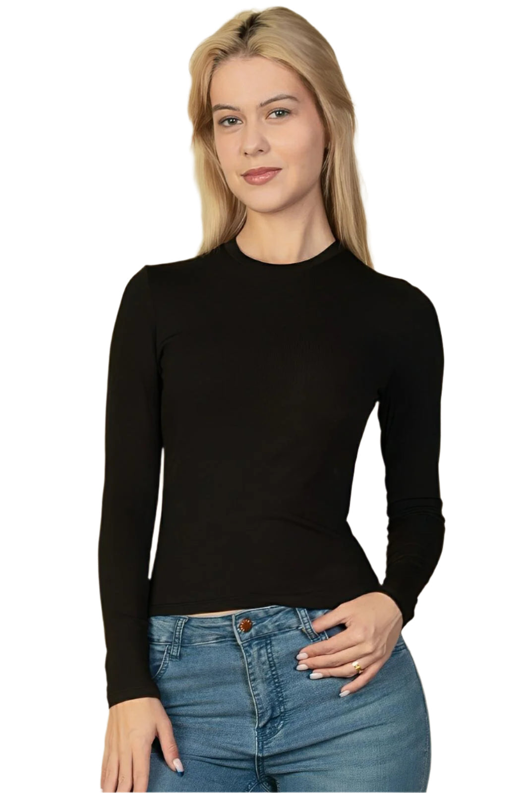 Women's ribbed stretch knit long sleeve top, round neck, figure-flattering everyday essential