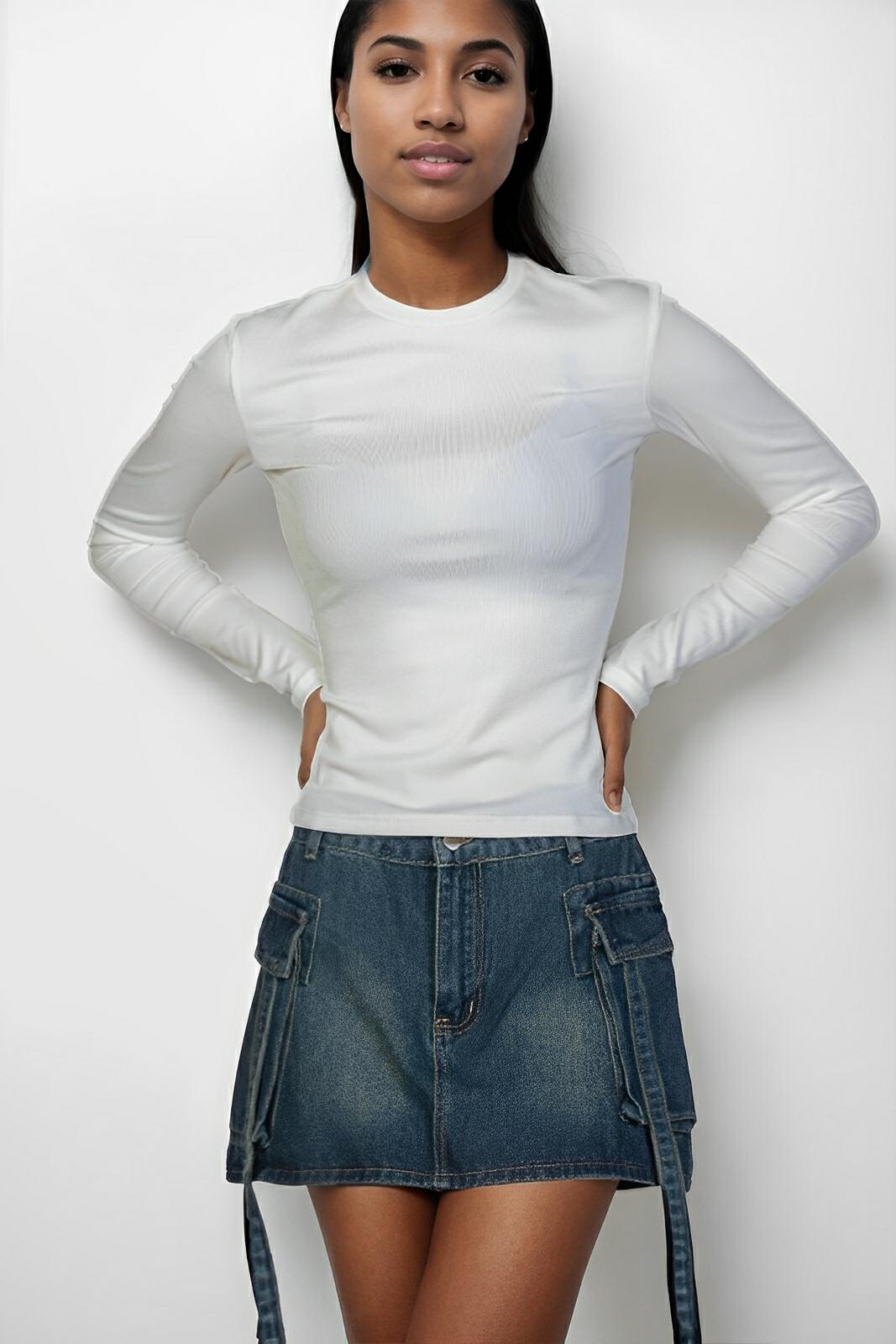 Women's ribbed stretch knit long sleeve top, round neck, figure-flattering soft everyday essential