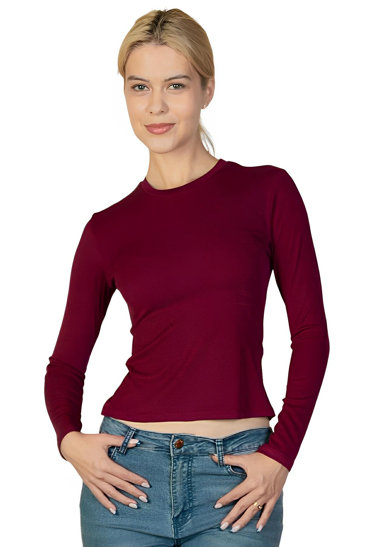 Women's ribbed stretch knit long sleeve top round neck figure-flattering everyday essential