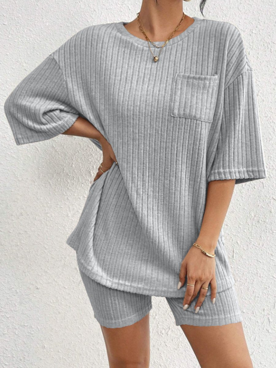 Women's ribbed round neck top and shorts set, minimalist two-piece casual chic matching loungewear
