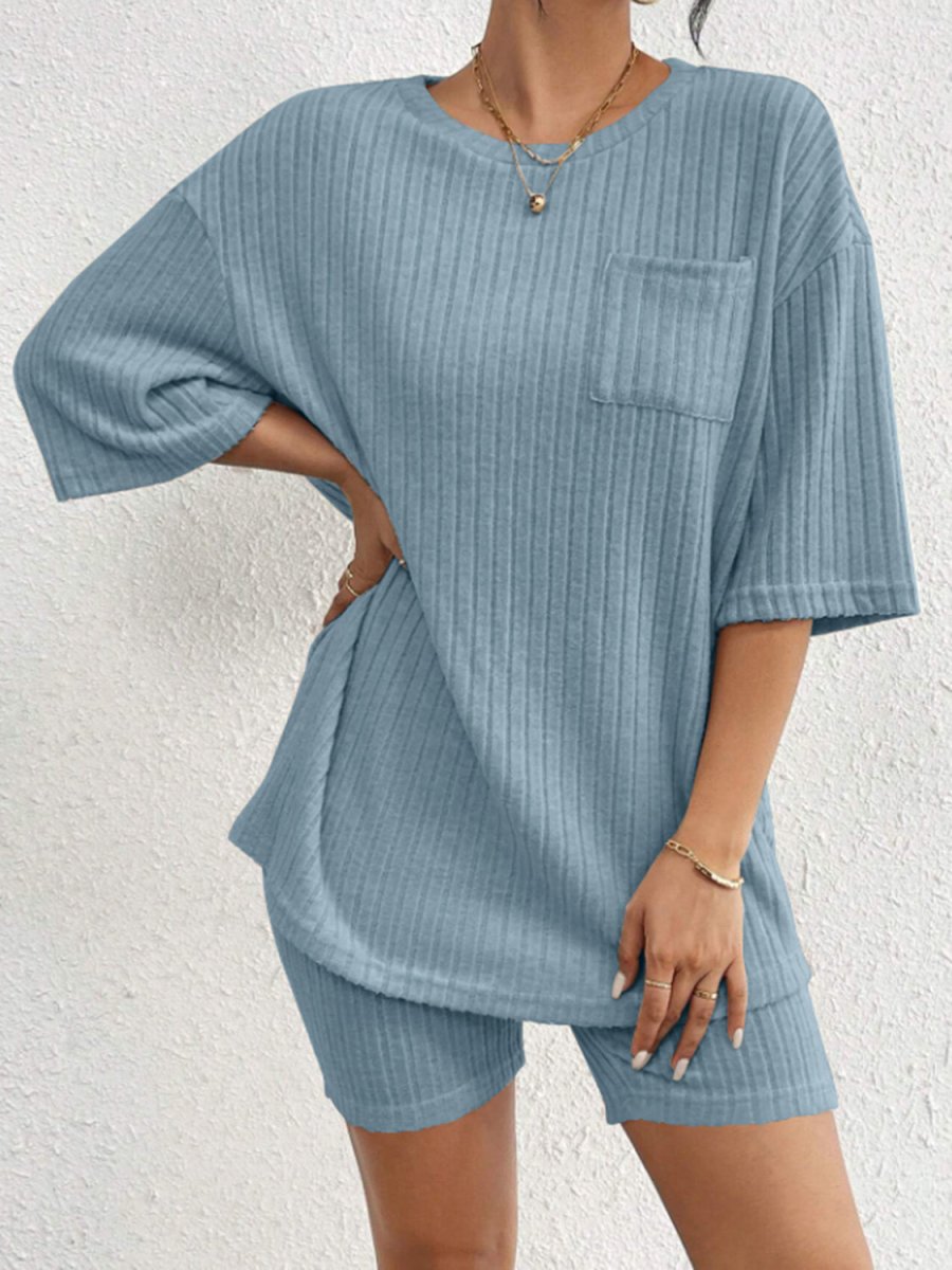 Women's ribbed round neck top and shorts set, minimalist two-piece casual chic polyester matching outfit