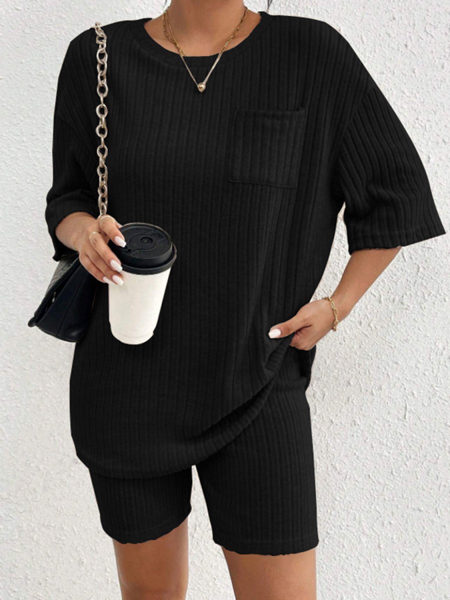 Women's ribbed round neck top and shorts set, minimalist two-piece casual chic matching loungewear