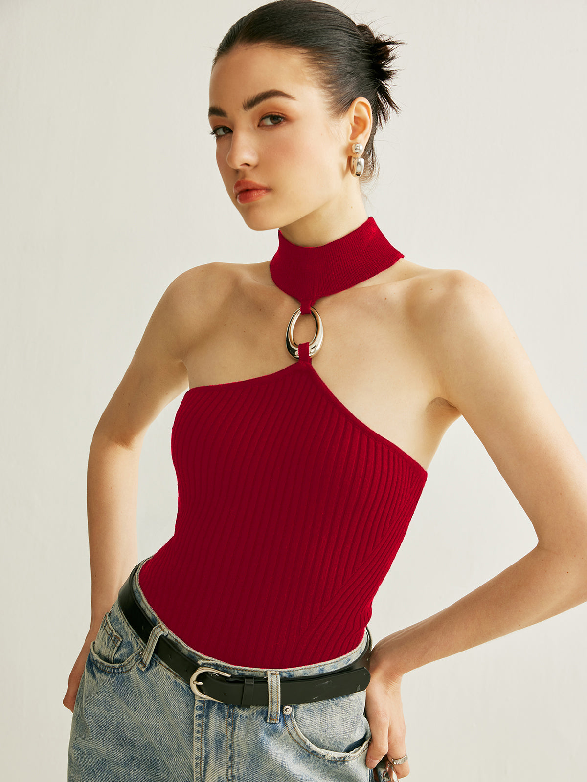 Women's ribbed halter top lightweight knit with metal ring neckline detail, day-to-night versatility