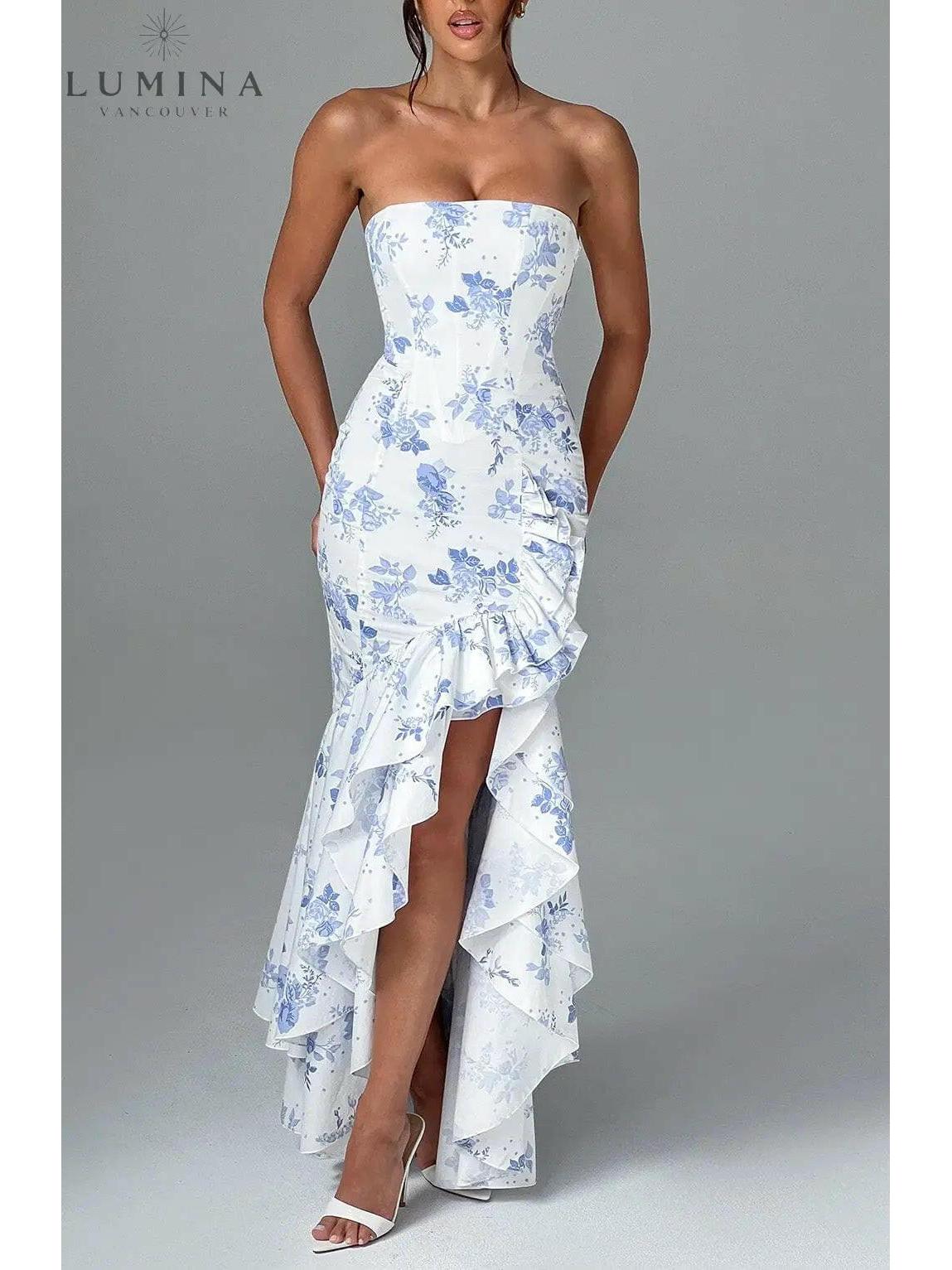 Sleeveless ruffle maxi dress elegant flowing silhouette with daring side slit for women