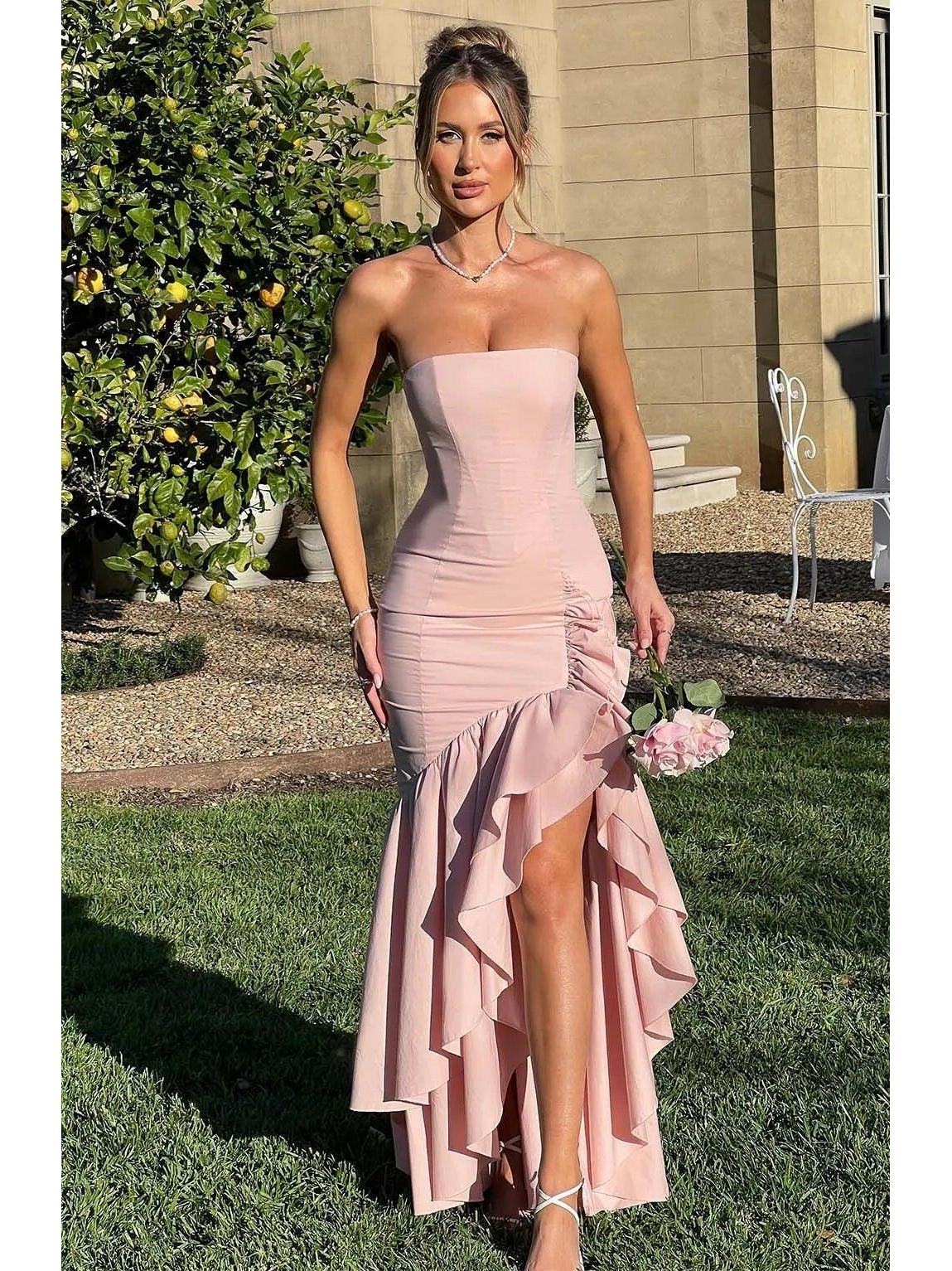 Sleeveless ruffle maxi dress elegant flowing silhouette side slit feminine style special occasions