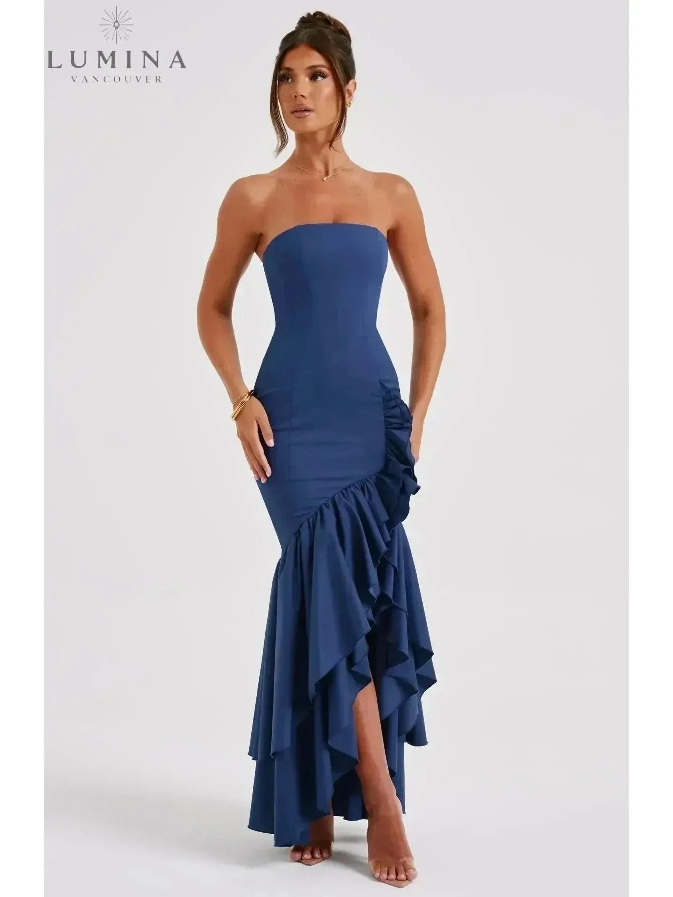 Elegant sleeveless ruffle maxi dress with flowing silhouette and daring side slit for women
