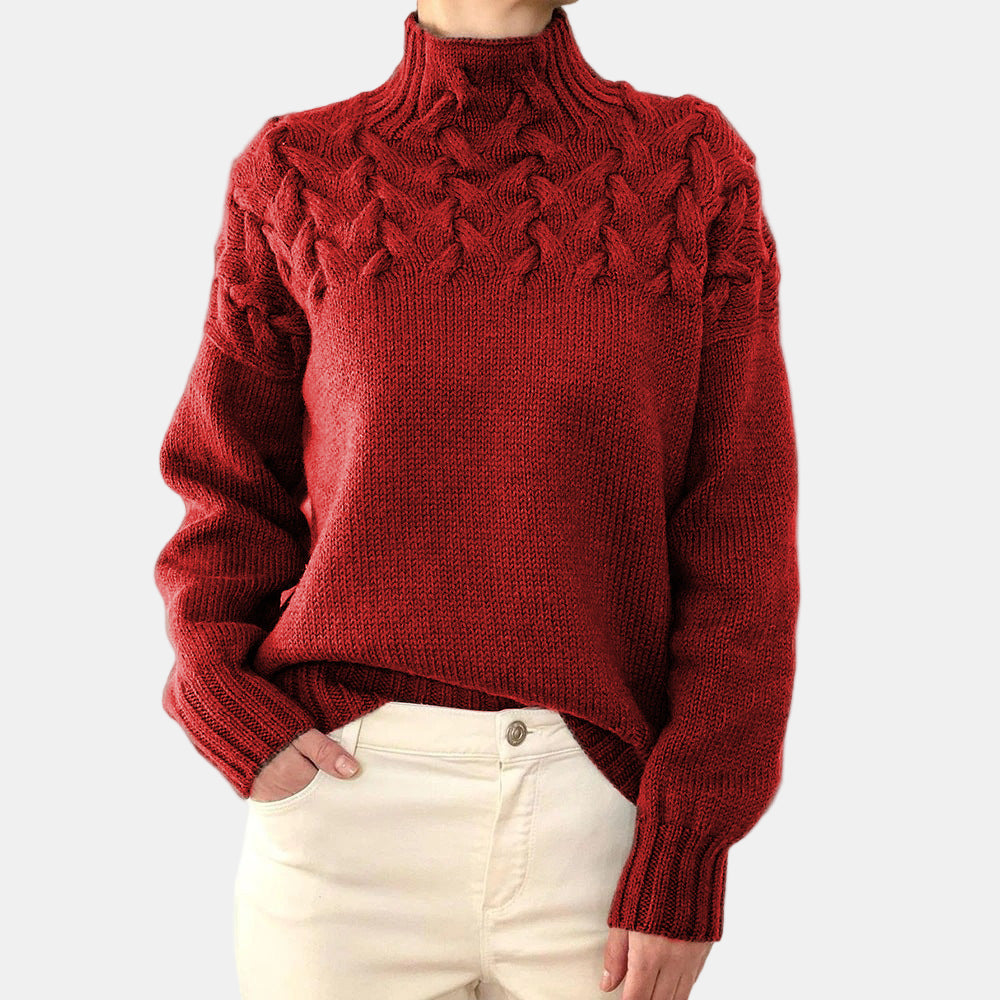 Women's cream cable knit turtleneck sweater relaxed fit with raised texture bodice detailing
